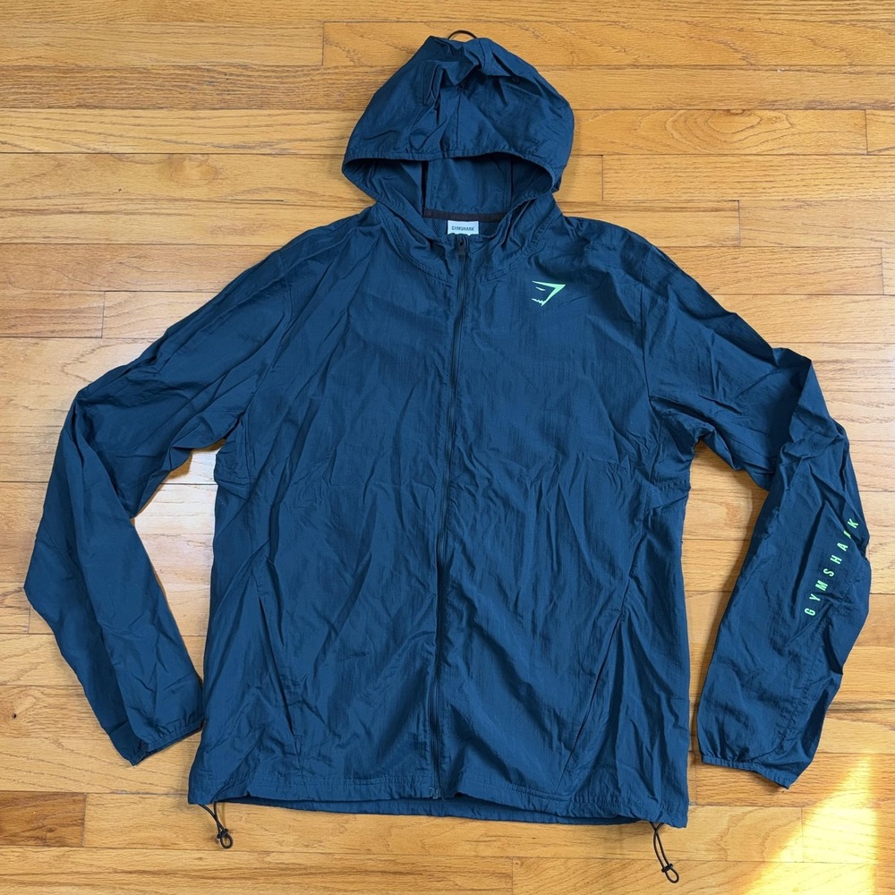 Gymshark Jacket‎ Mens L Blue Hooded Lightweight Windbreaker Running Run Pockets